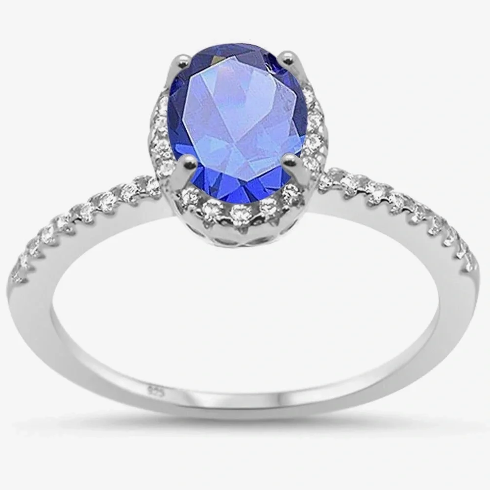 925 Sterling Silver Oval Tanzanite Halo CZ Ring